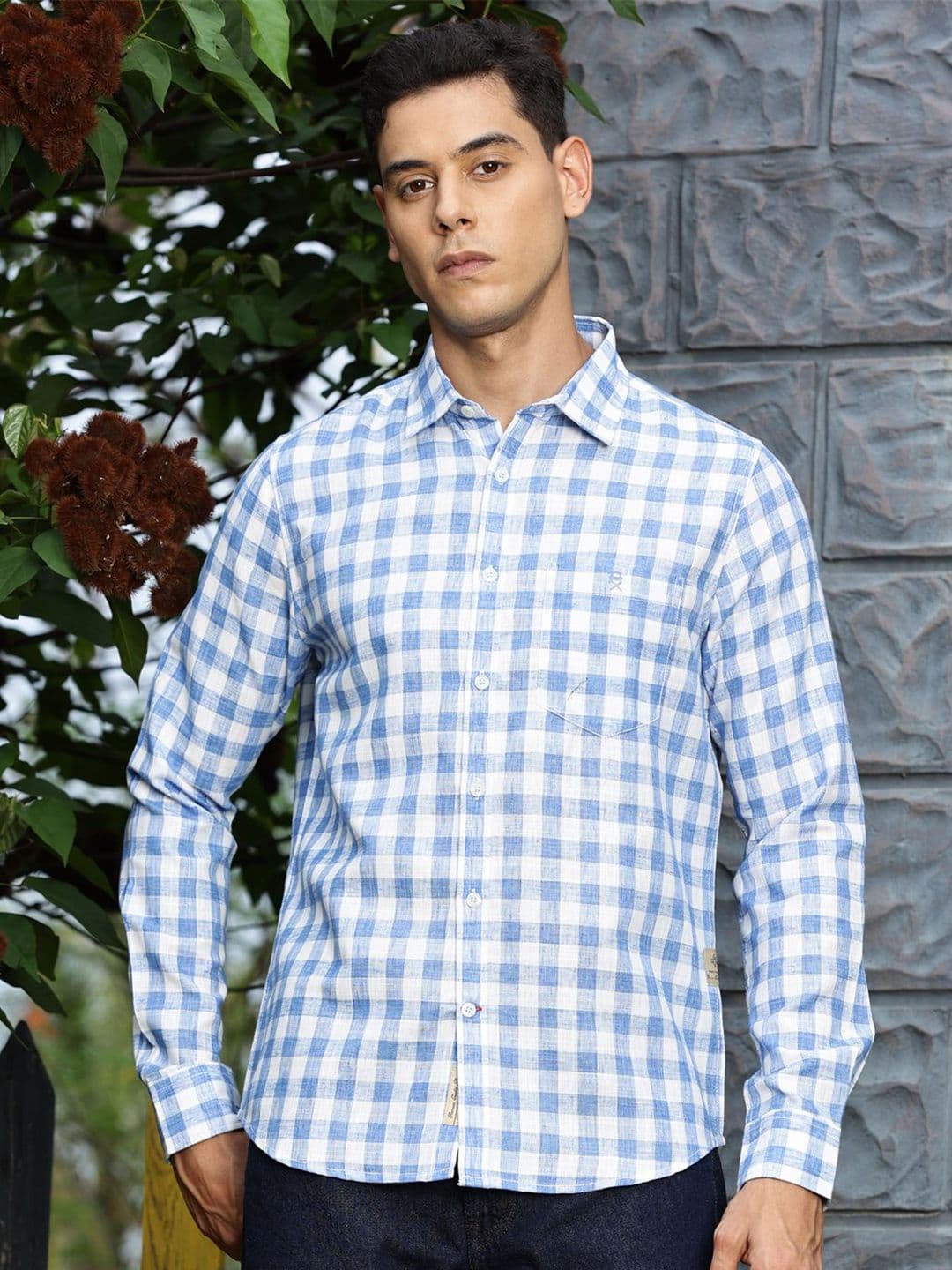 Thomas Scott Premium Slim Fit Checked Spread Collar Linen Cotton Casual Shirt - view 1
