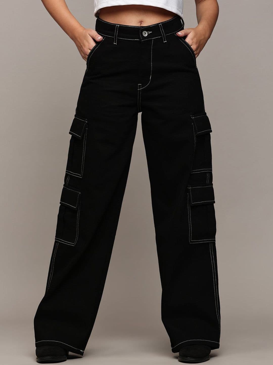 The Roadster Lifestyle Co. Wide Leg Mid Rise Clean Look Acid Wash Pure Cotton Cargo Jeans - view 1