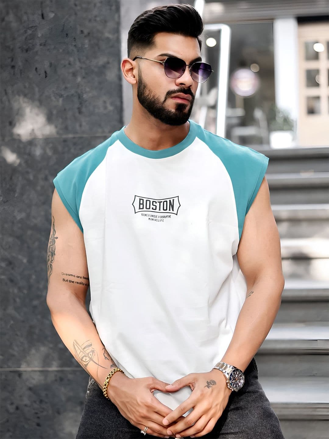 Maniac Typography Printed Round Neck Raglan Sleeveless Cotton T-Shirt - view 1
