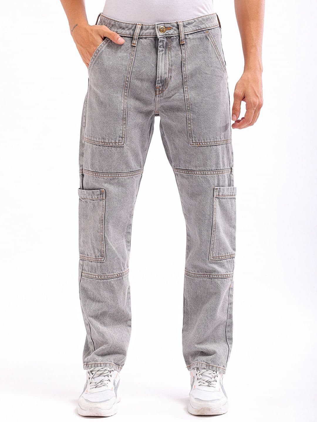 The Indian Garage Co Men Dad Fit Mid-Rise Clean Look Heavy Fade Cargo Style Cotton Jeans