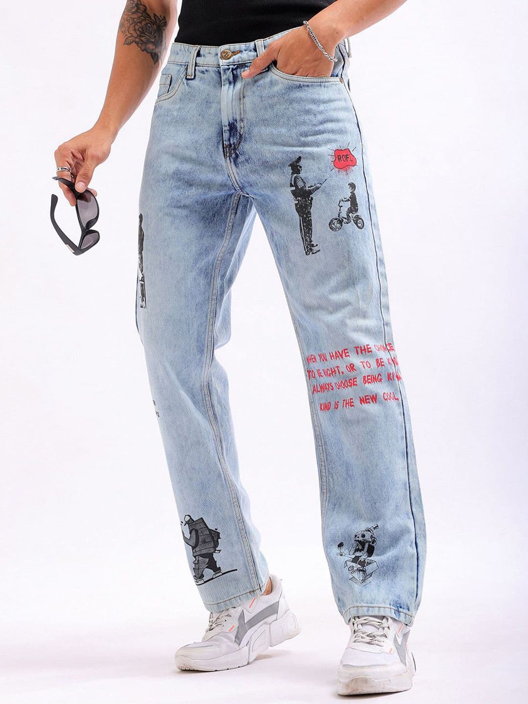 The Indian Garage Co Men Straight Fit Printed Clean Look Heavy Fade Pure Cotton Jeans - view 1