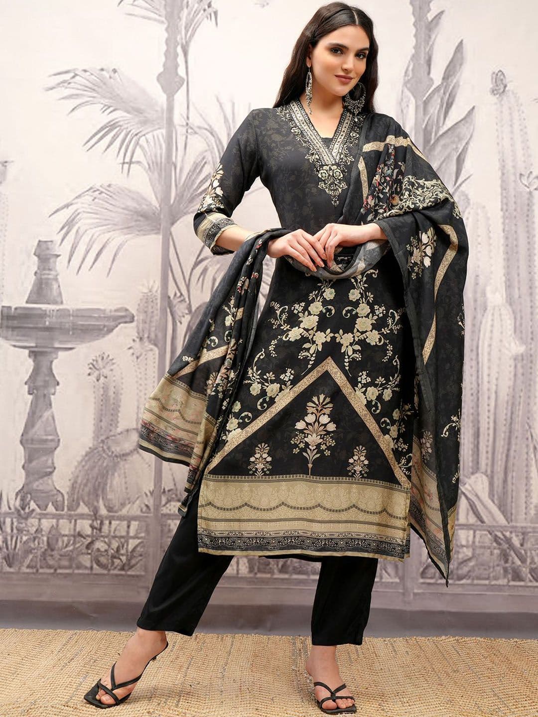 Vishudh Black & Gold Toned Floral Embroidered Straight Kurta with Trousers & With Dupatta - view 1