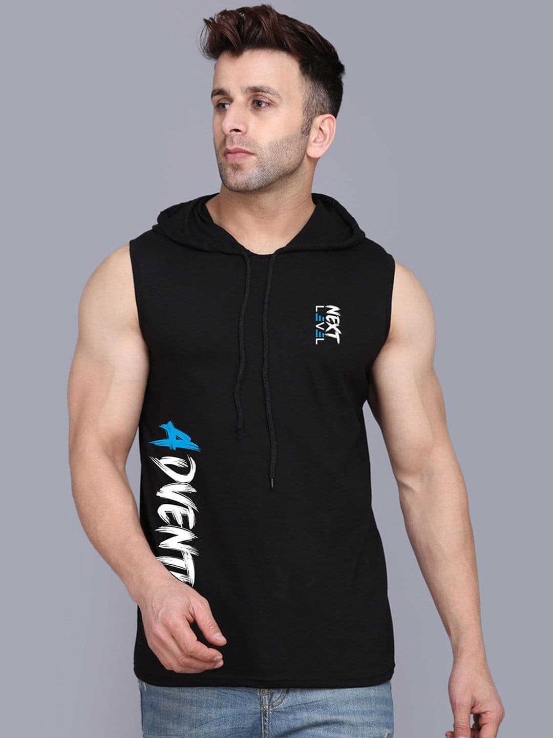 SLOWLORIS Typography Printed Hooded Combed Cotton Gym Vest SL28 ADV BLACK - view 1