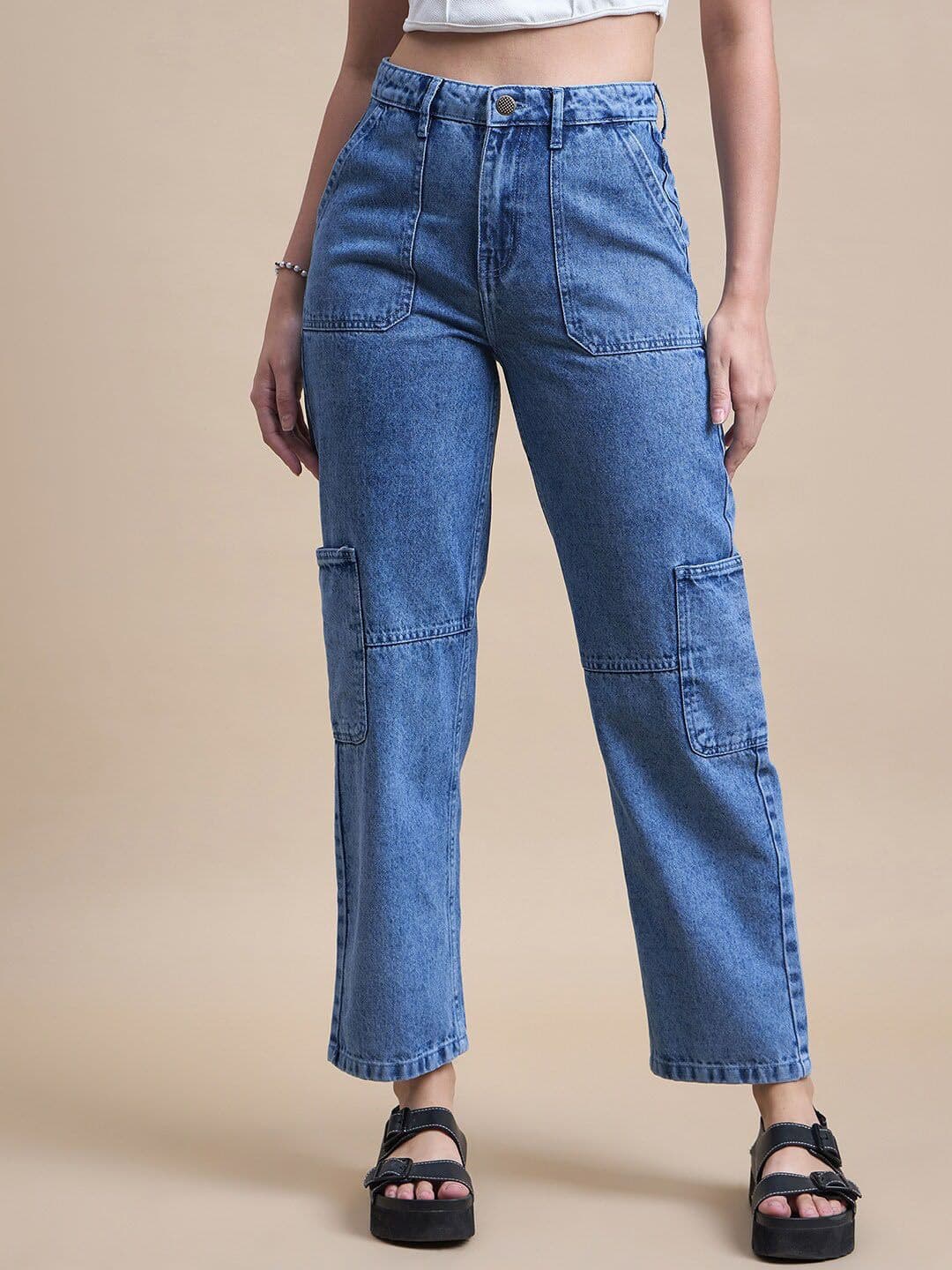 The Roadster Lifestyle Co Women Classic Mom Fit High-Rise Pure Cotton Cargo Jeans - view 1