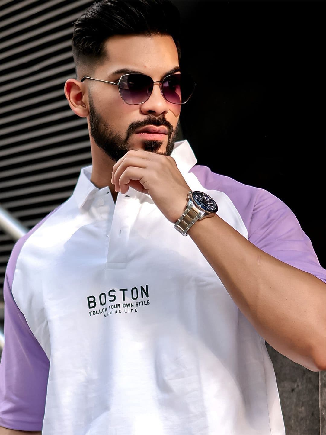 Maniac Colourblocked Polo Collar Cotton T-shirt - view 1