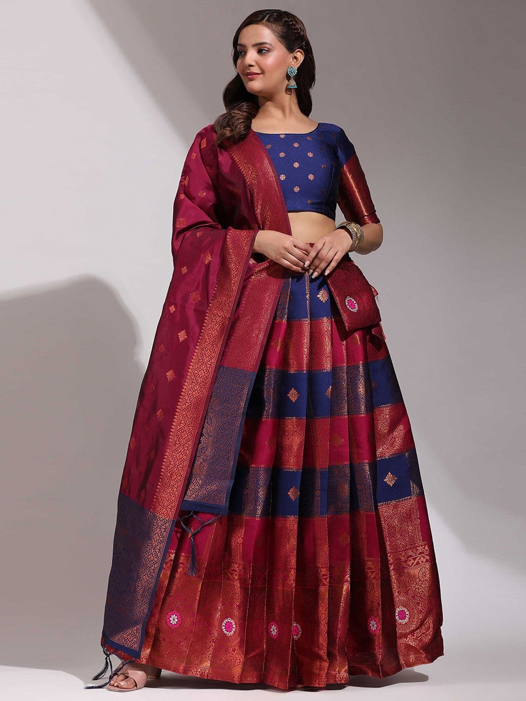 Fabcartz Woven Design Zari Semi-Stitched Lehenga & Unstitched Blouse With Dupatta - view 1