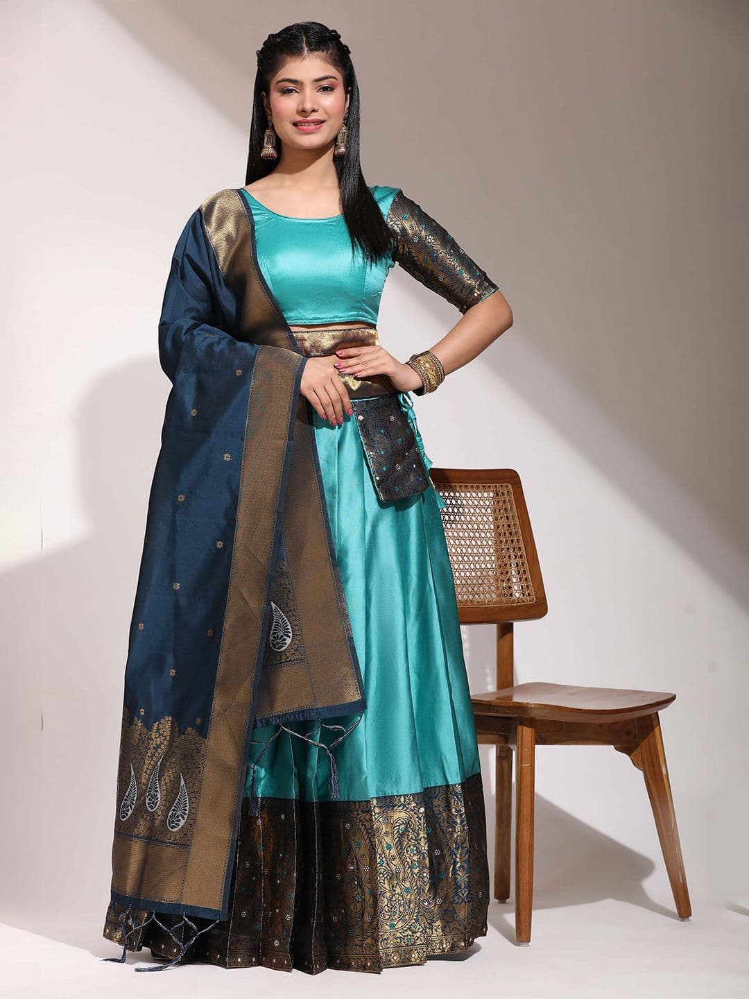 Fabcartz Zari Semi-Stitched Lehenga & Unstitched Blouse With Dupatta - view 1