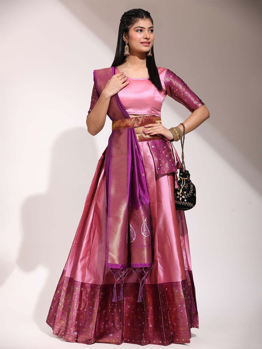 Fabcartz Zari Semi-Stitched Lehenga & Unstitched Blouse With Dupatta - view 1