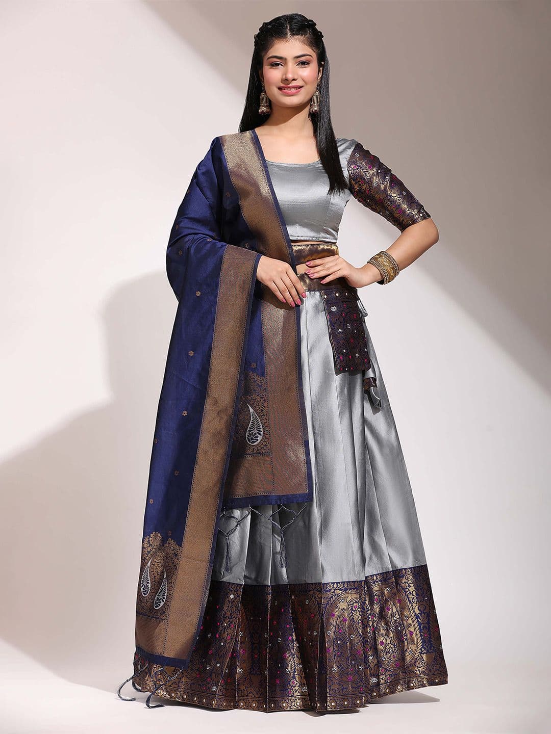 Fabcartz Zari Semi-Stitched Lehenga & Unstitched Blouse With Dupatta - view 1