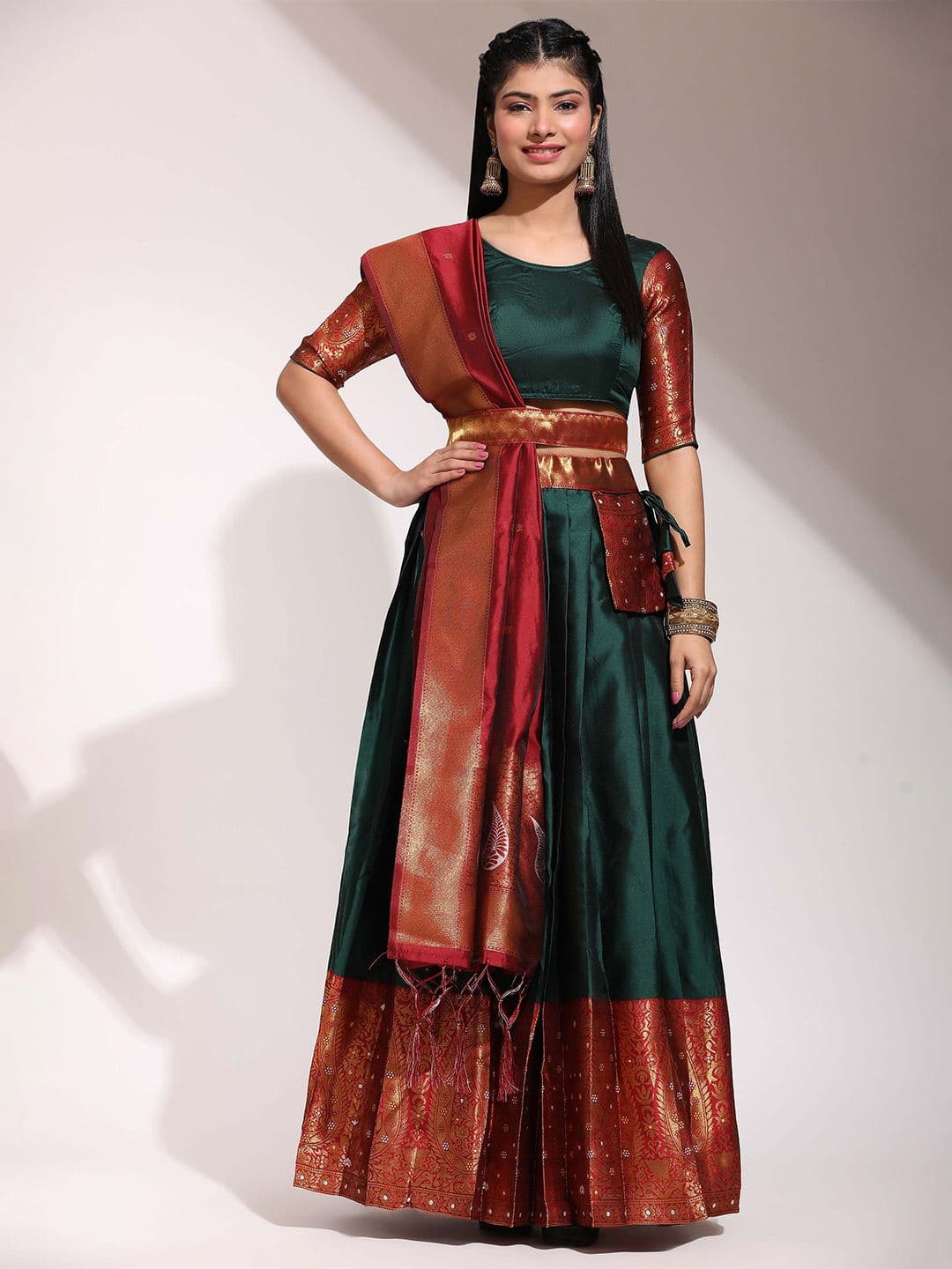 Fabcartz Zari Semi-Stitched Lehenga & Unstitched Blouse With Dupatta - view 1