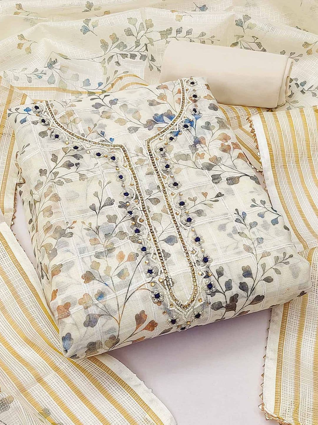 Peachmode Floral Printed Beads & Stones Linen Unstitched Dress Material - view 1