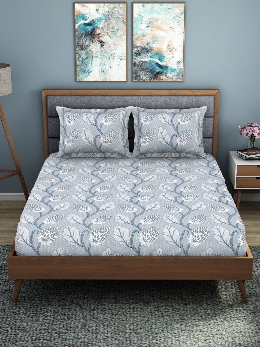 Welspun Blue Floral Polycotton 200 TC King Fine Bedsheet with 2 Pillow Covers-108 x 108In - view 1