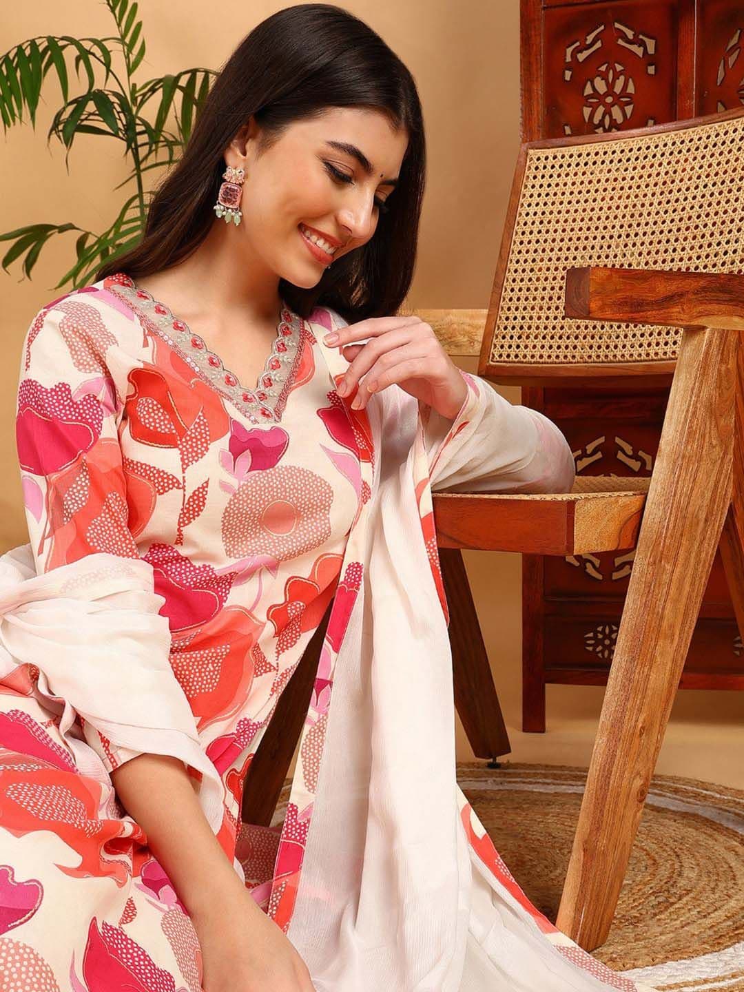 KALINI Women Floral Printed Regular Thread Work Kurta with Trousers & With Dupatta - view 1