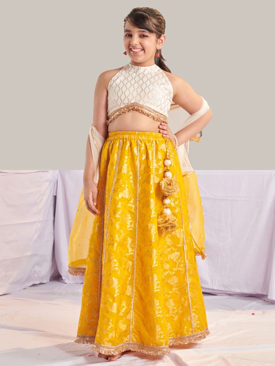 Pspeaches Girls Yellow And White Jacquard Lehenga Choli Dupatta Set - view 1