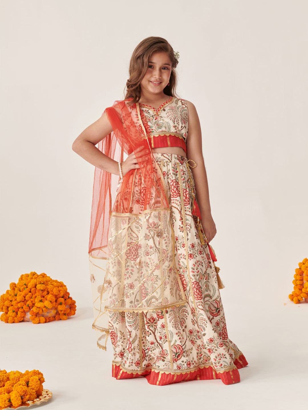 pspeaches Girls Ethnic Floral Printed Muslin Panelled Lehenga Choli Set With Dupatta - view 1