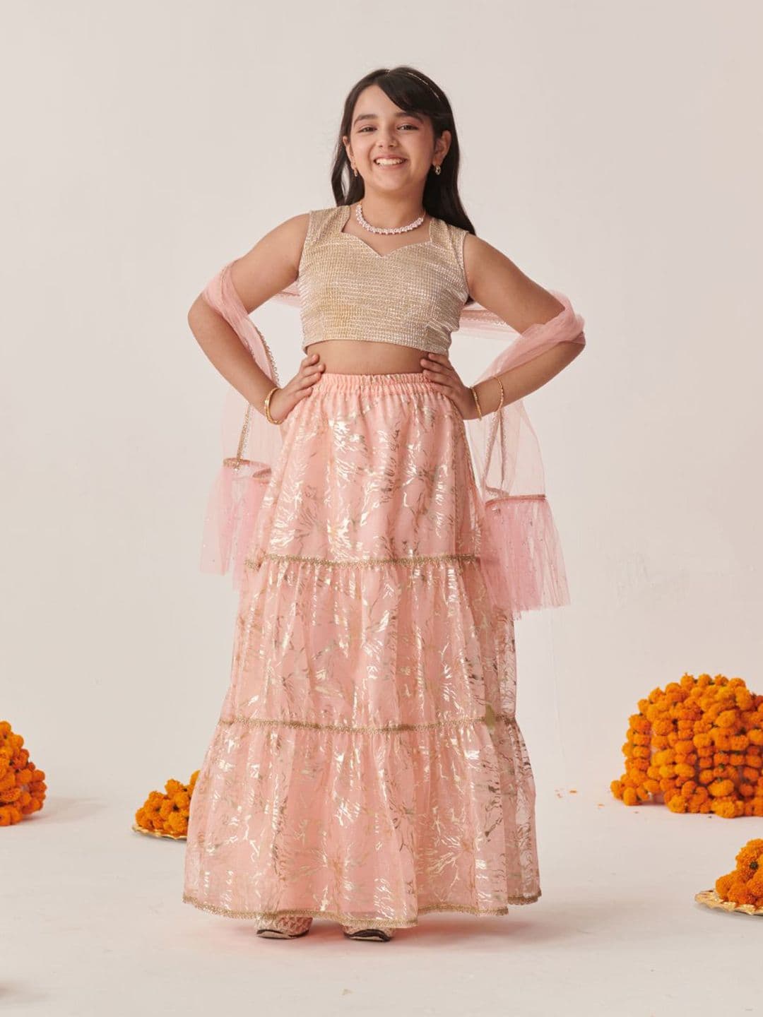 Pspeaches Girls Peach Foil Lurex Circular Lehenga Choli Dupatta Set - view 1