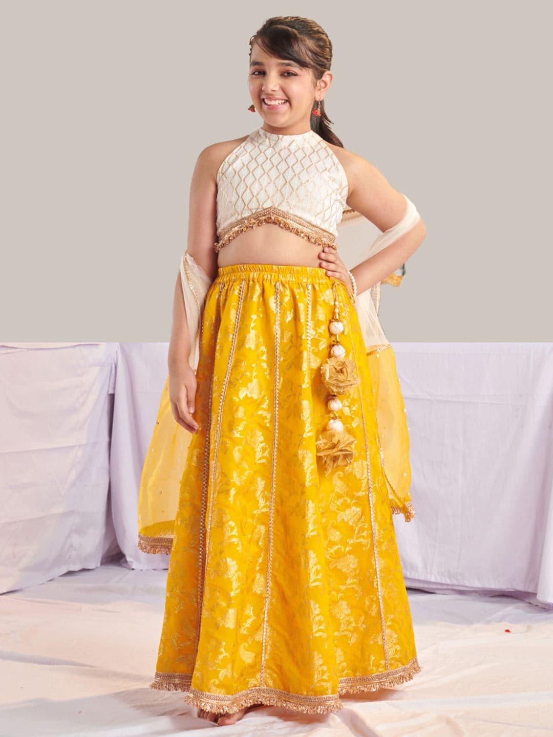 Pspeaches Girls Yellow And White Jacquard Lehenga Choli Dupatta Set - view 1
