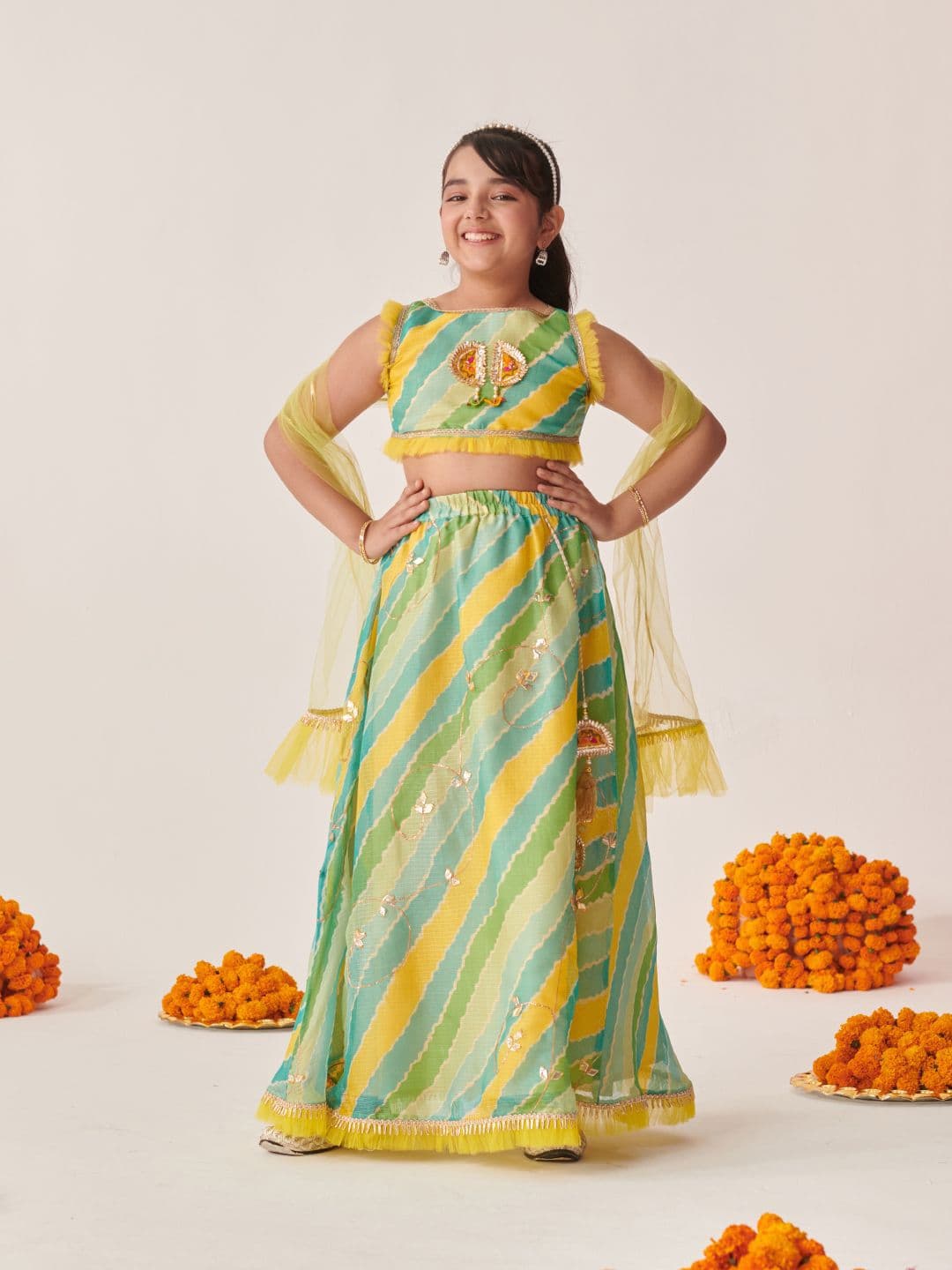 pspeaches Girls Ethnic Leheriya Print Kota Doria Circular Lehenga & Choli With Dupatta - view 1
