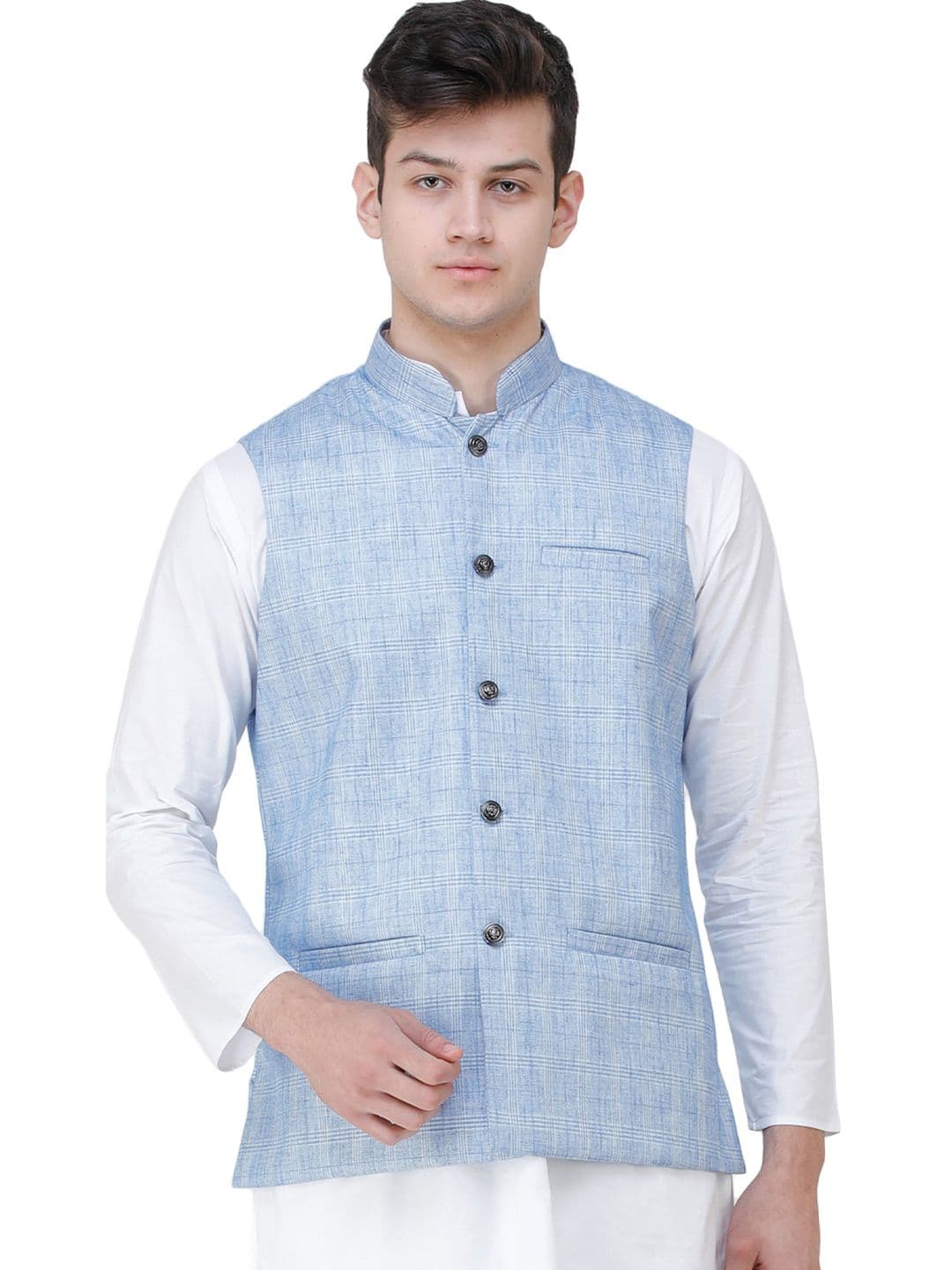 Exotic India Placid Blue Double Check Pattern Nehru Jacket with Front Pockets - view 1