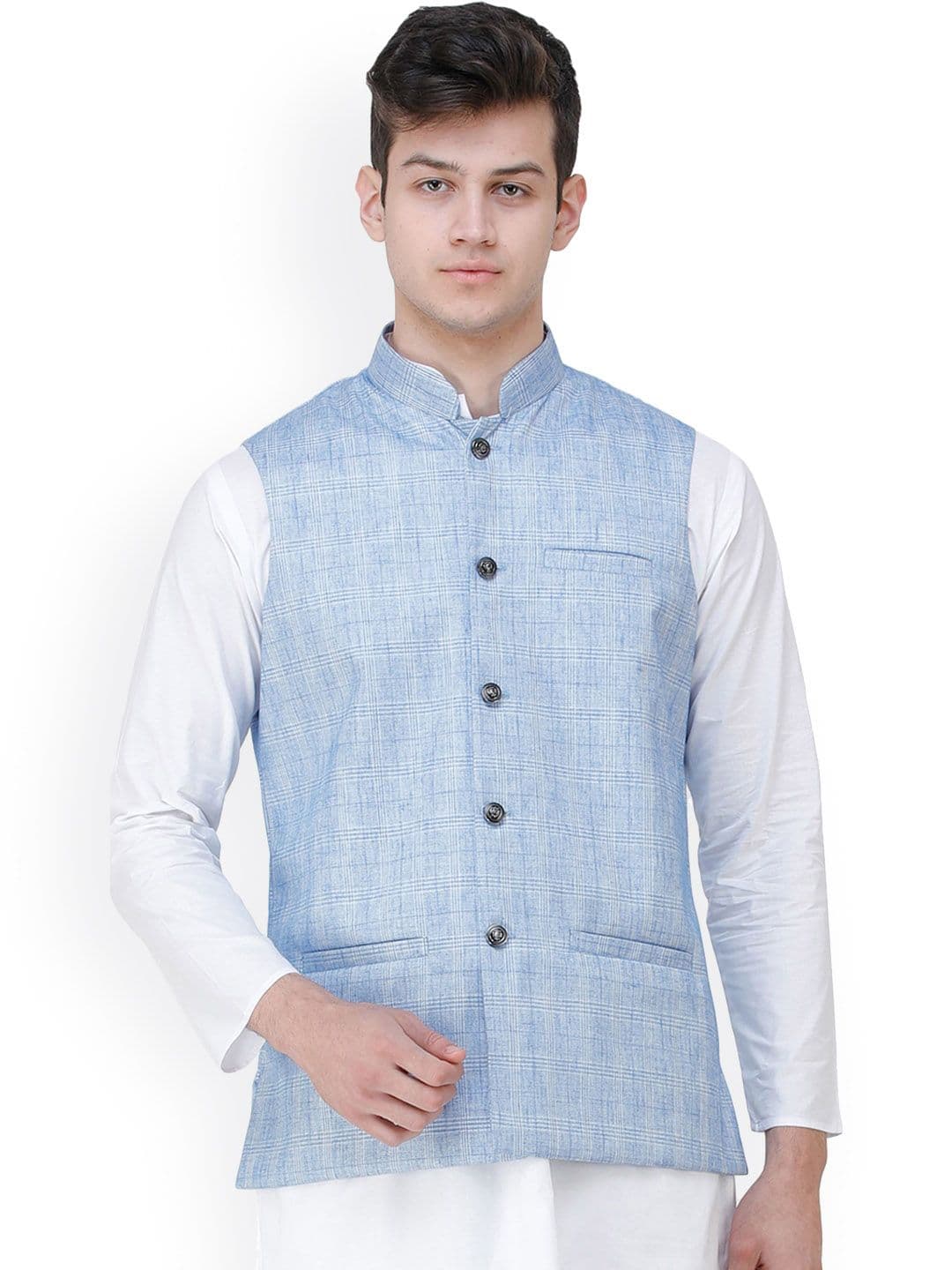 Exotic India Excalibur Double Check Pattern Nehru Jacket with Front Pockets - view 1