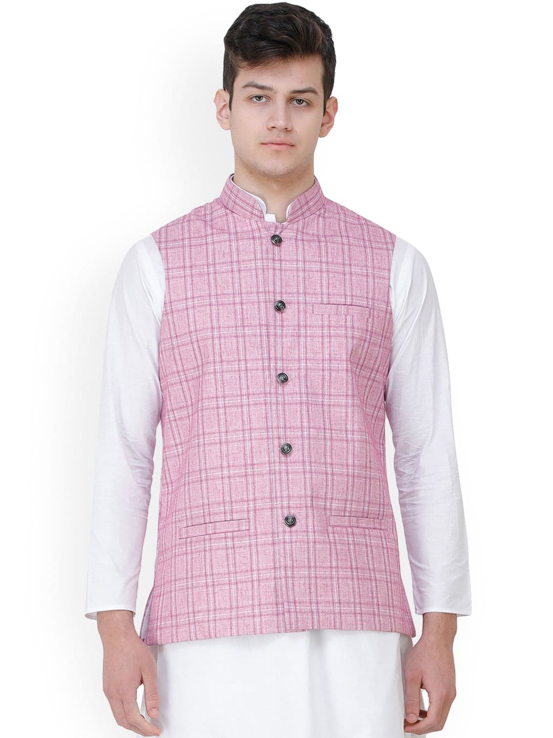 Exotic India Pastel Lavender Double Check Pattern Nehru Jacket with Front Pockets - view 1