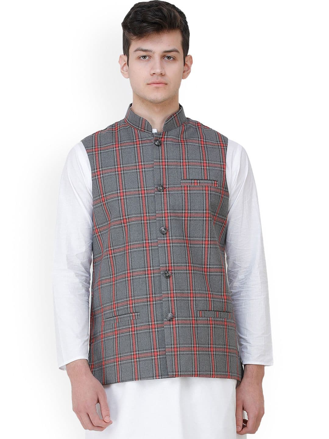 Exotic India Excalibur Double Check Pattern Nehru Jacket with Front Pockets - view 1