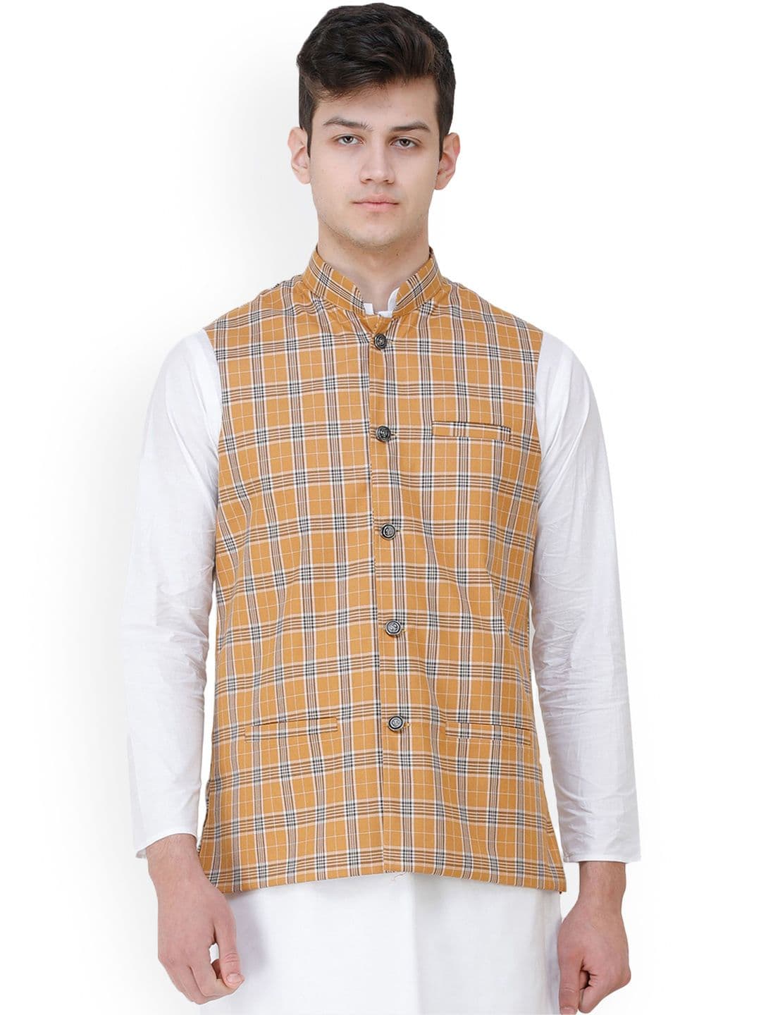 Exotic India Double Check Pattern Nehru Jacket with Front Pockets - view 1