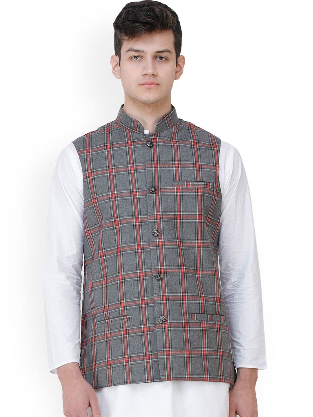 Exotic India Excalibur Double Check Pattern Nehru Jacket with Front Pockets - view 1