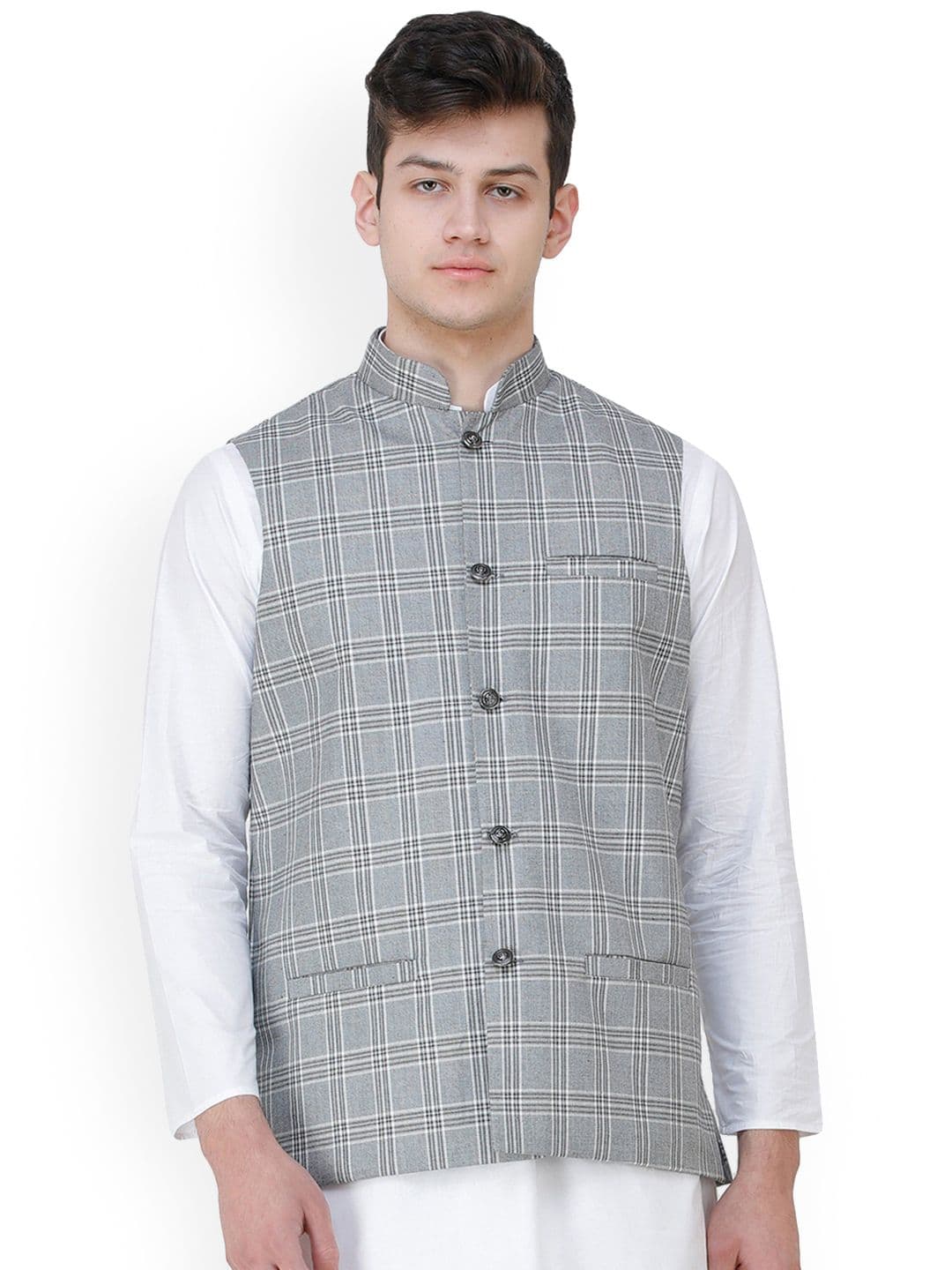 Exotic India Double Check Pattern Polywool Nehru Jacket with Front Pockets - view 1
