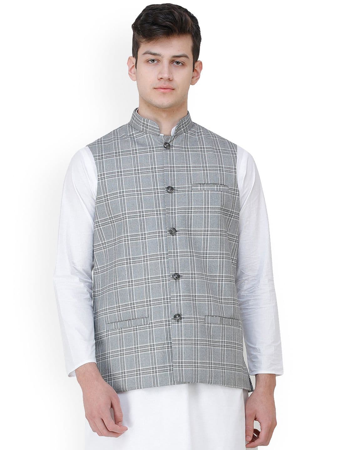 Exotic India Ash Double Check Pattern Polywool Nehru Jacket with Front Pockets - view 1