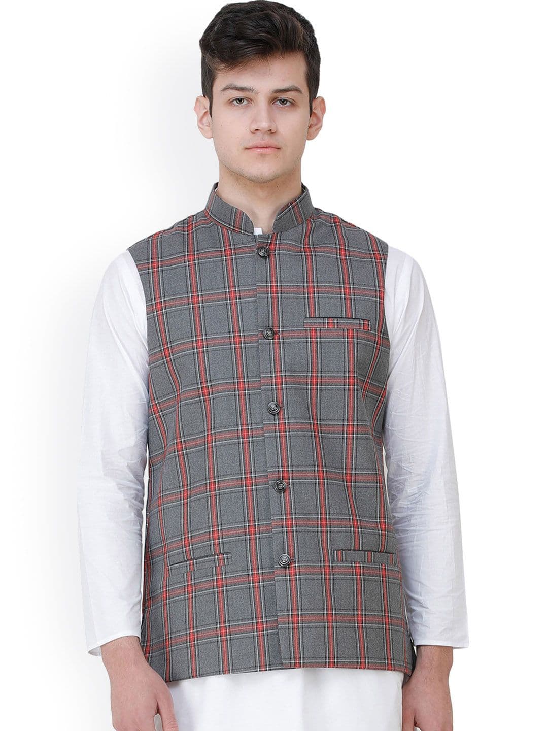 Exotic India Excalibur Double Check Pattern Nehru Jacket with Front Pockets - view 1