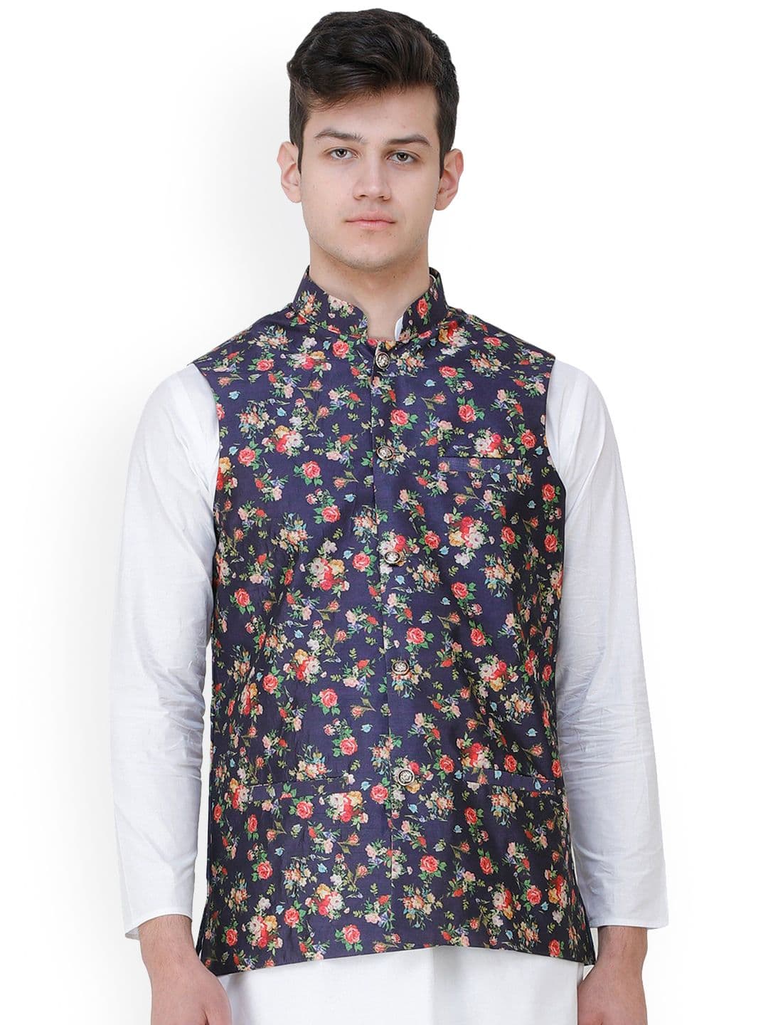 Exotic India Navy Blue Wedding Waistcoat with Digital-Printed Florals all over - view 1
