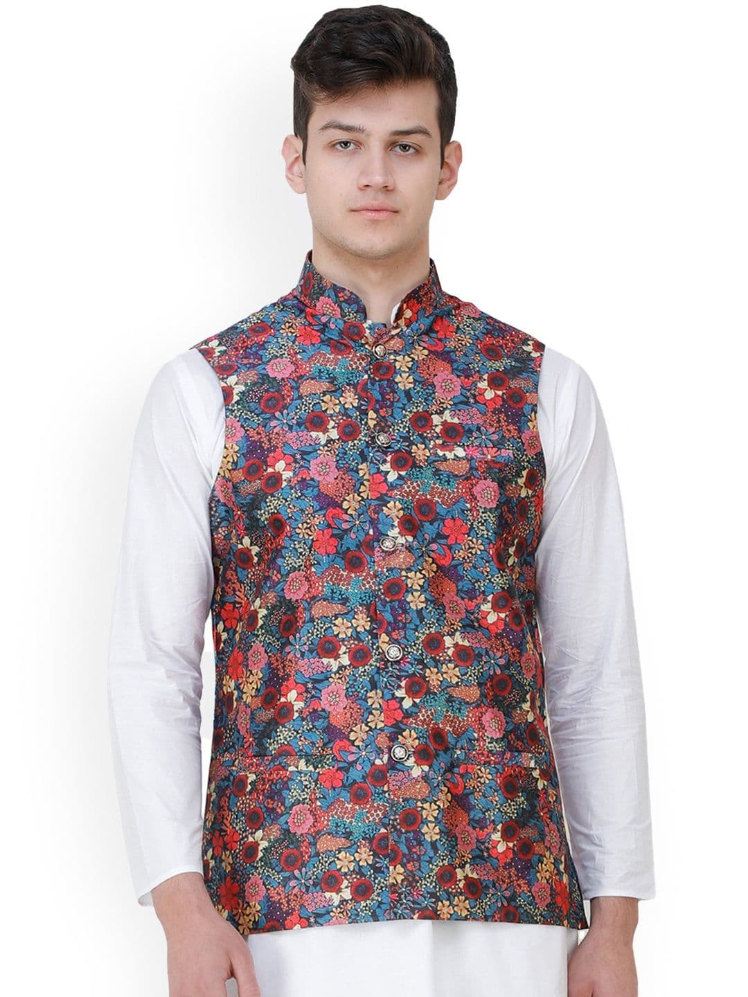 Exotic India Provincial-Blue Wedding Waistcoat with Digital-Printed Florals all over - view 1