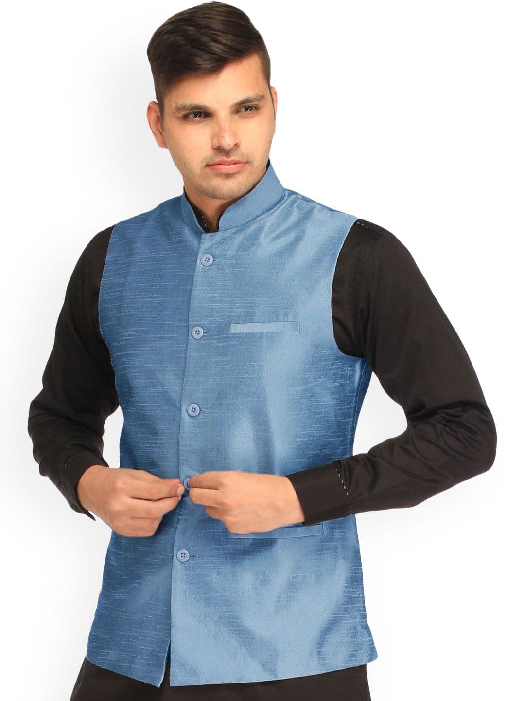 Exotic India French Blue Art Silk Plain Wedding Waistcoat with Front Pockets - view 1