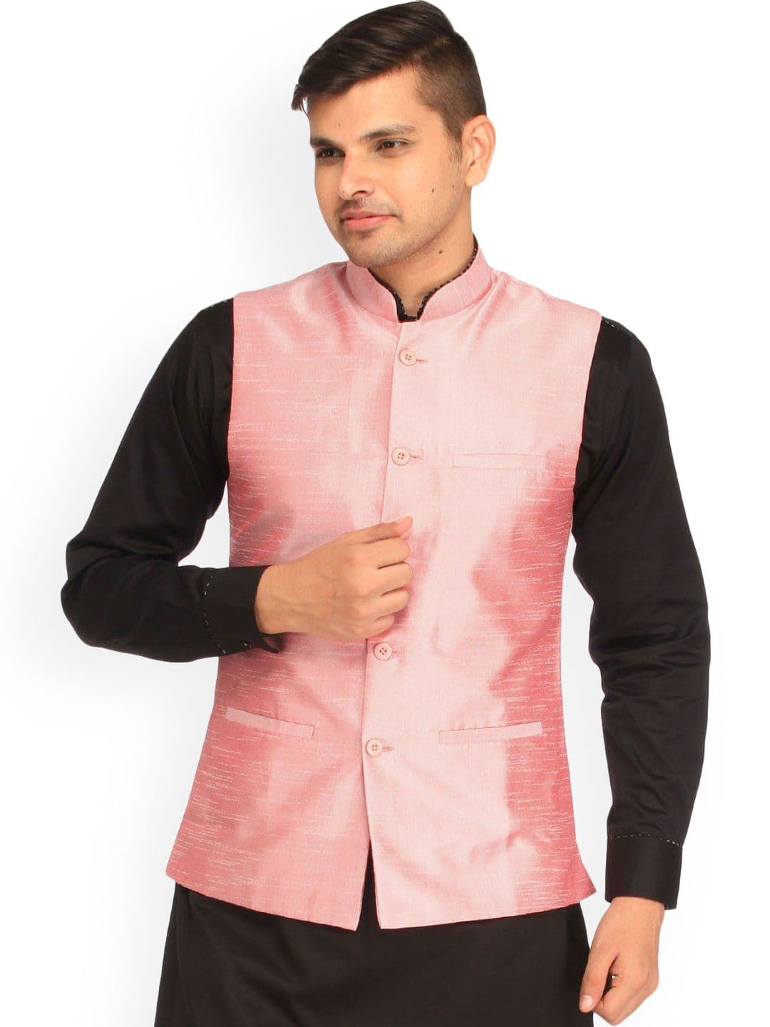 Exotic India Strawberry Cream Art Silk Plain Wedding Waistcoat with Front Pockets - view 1