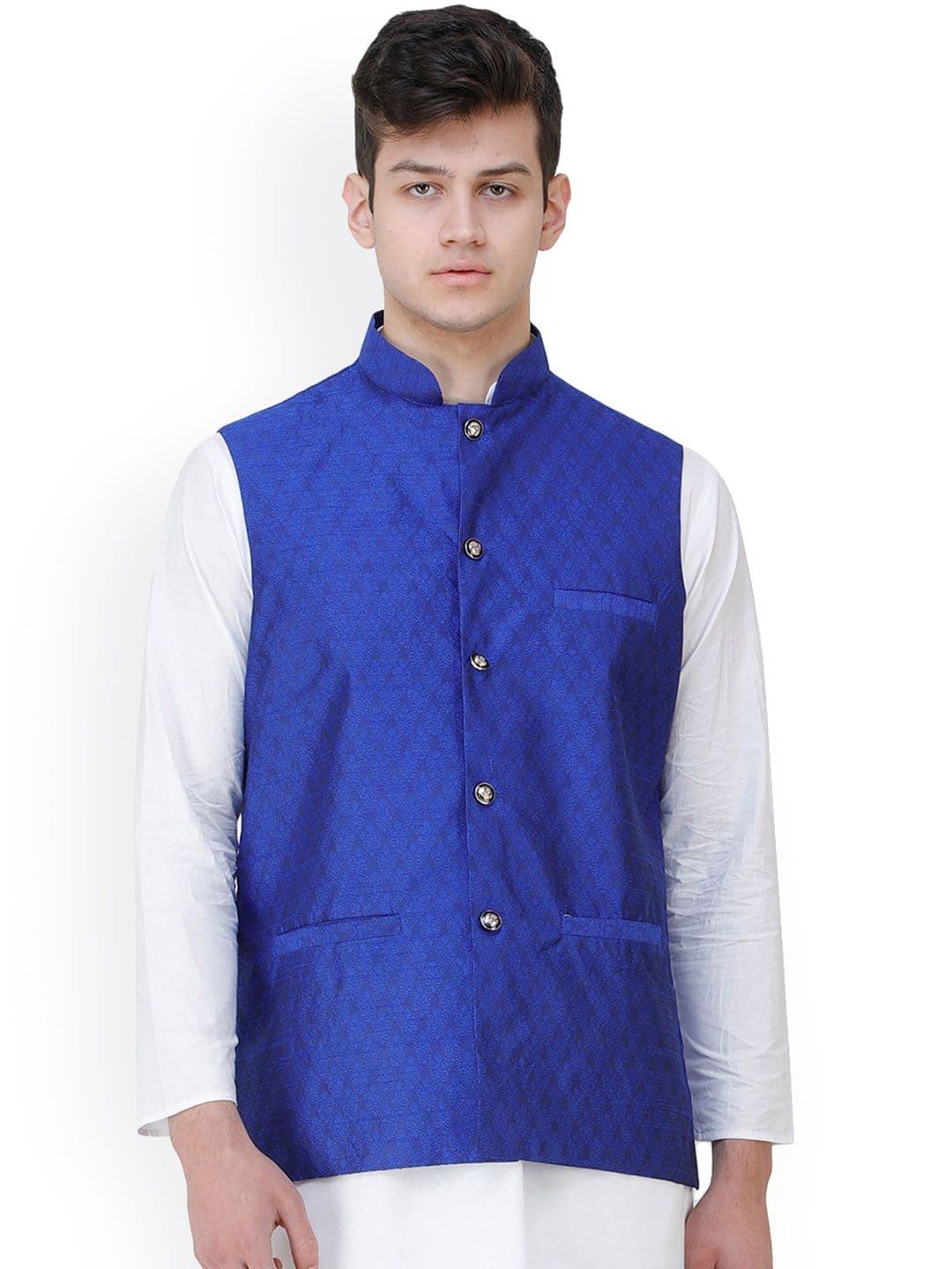 Exotic India Spectrum Blue Wedding Waistcoat with Jacquard Woven Bootis and Front Pockets - view 1