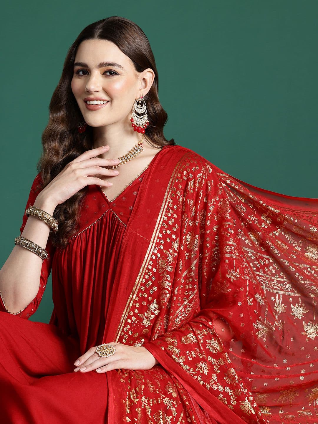 Sangria Printed Empire Midi Ethnic Dress With Dupatta - view 1