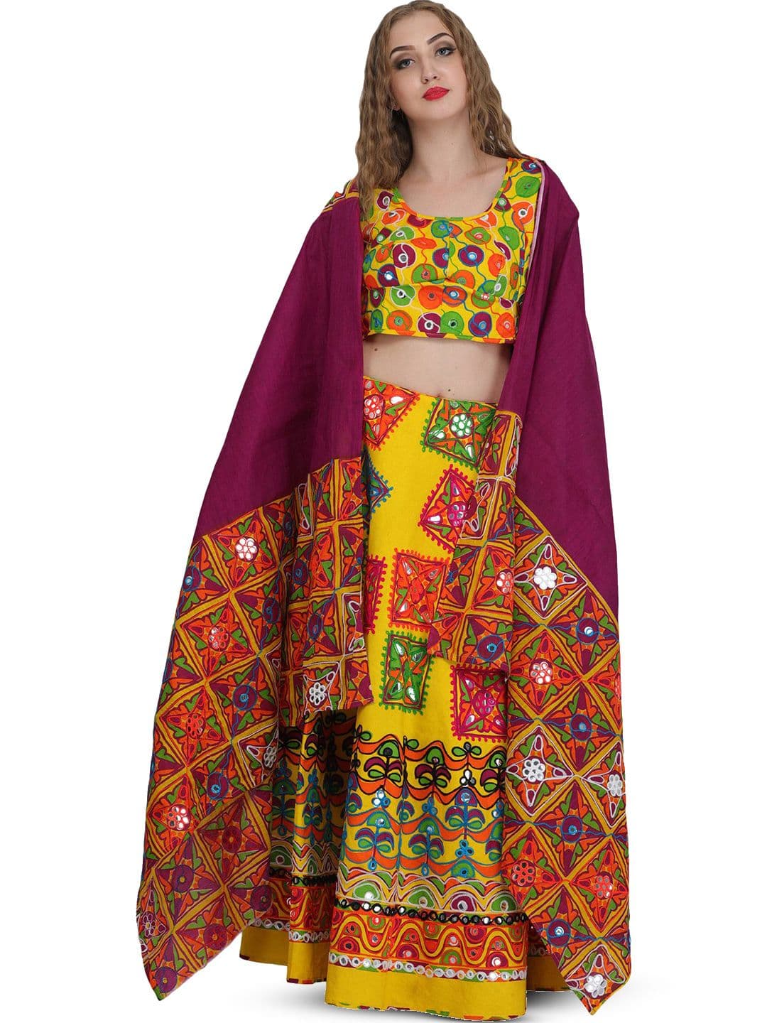 Exotic India Lemon and Boysenberry Printed Jodhpuri Lehenga Choli with Embroidery - view 1