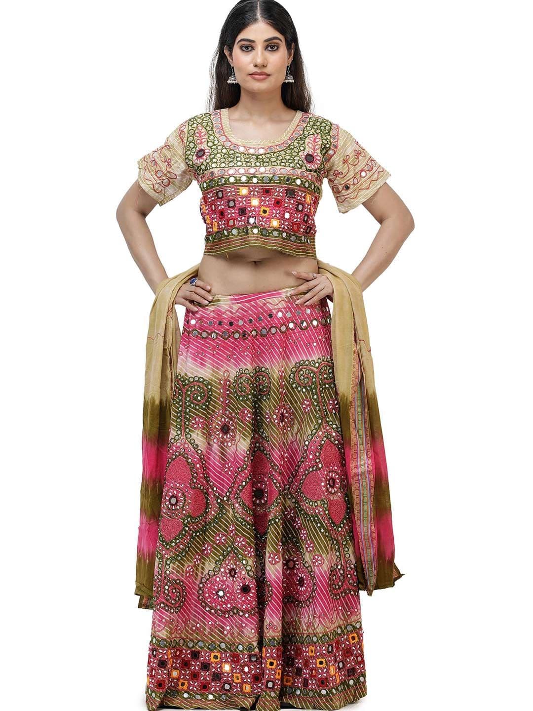 Exotic India Paradise Pink Jodhpuri Lehenga Choli with Beads-Mirror Hand Embroidery - view 1
