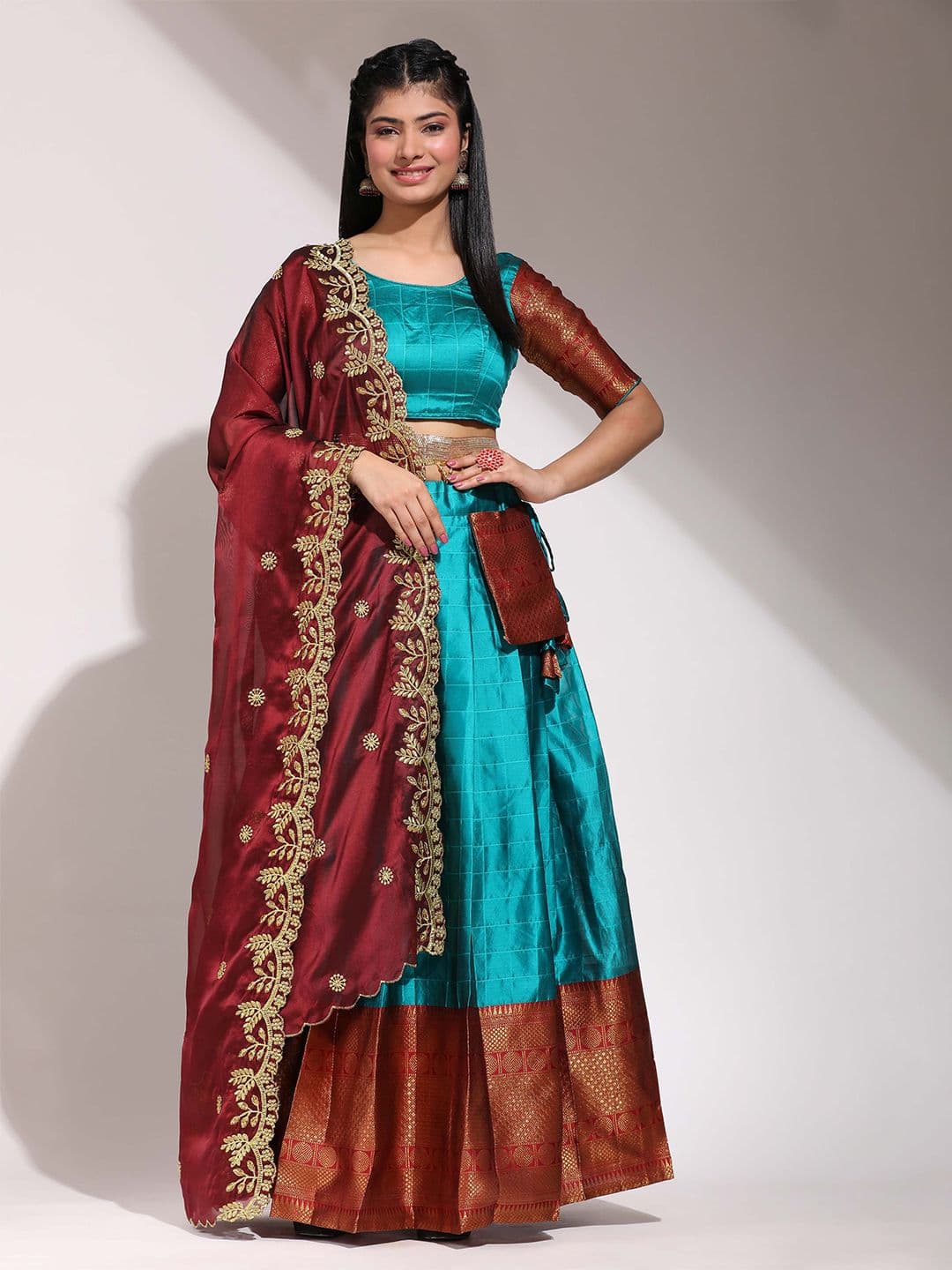 Fabcartz Thread Work Semi-Stitched Lehenga & Unstitched Blouse With Dupatta - view 1