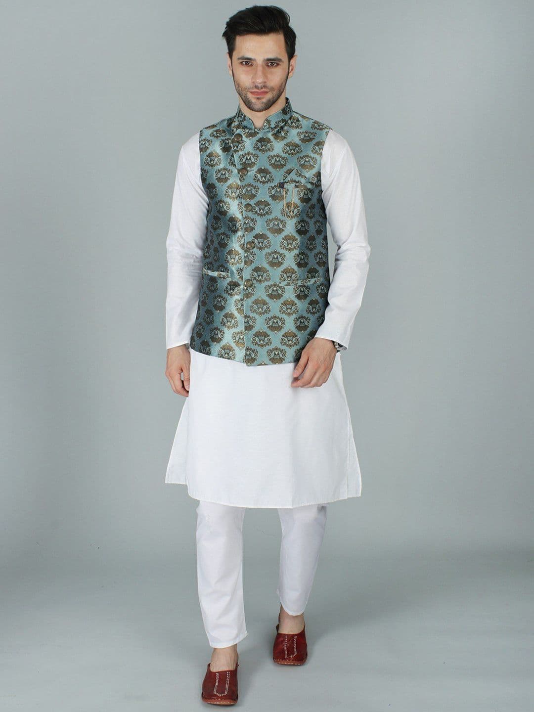 Exotic India Asymmetric Gold Brocade Modi Nehru Jacket - view 1