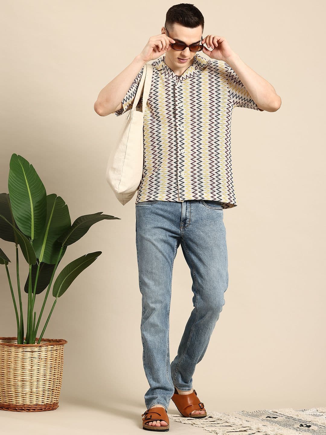 Mast & Harbour Men Classic Chevron Cuban Collar Relaxed Fit Semi Sheer Casual Shirt - view 1