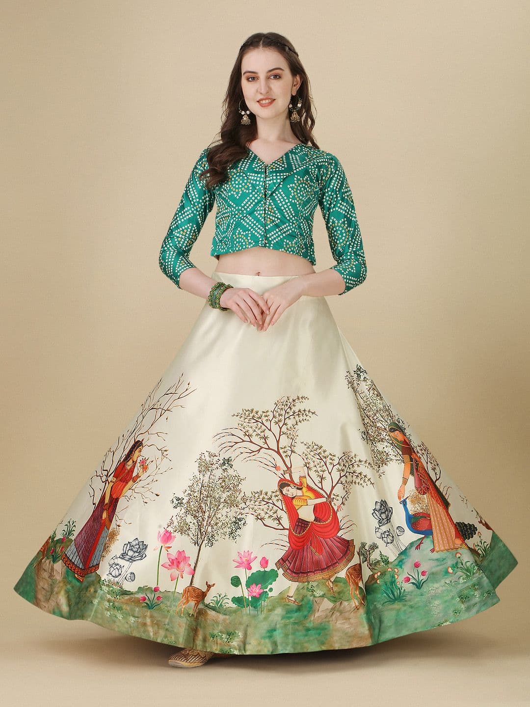 Kaizen TEXO FAB Printed Satin Semi-Stitched Lehenga & Unstitched Blouse - view 1