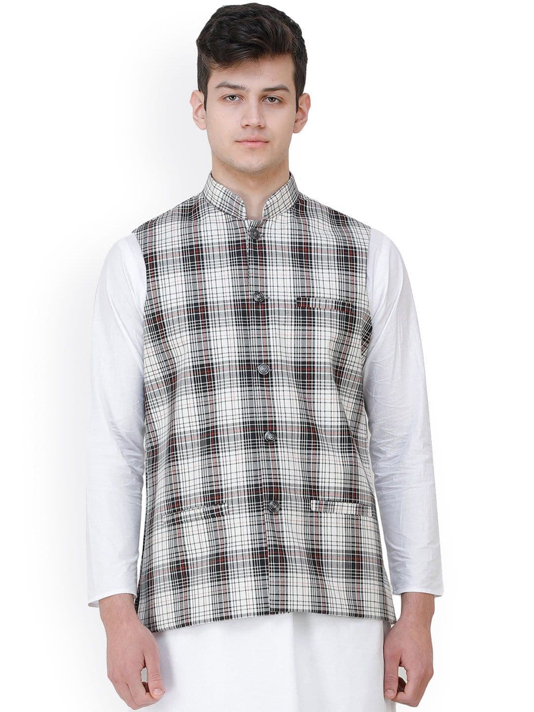 Exotic India Black and White Polywool Waistcoat with Woven Checks and Front Pockets - view 1