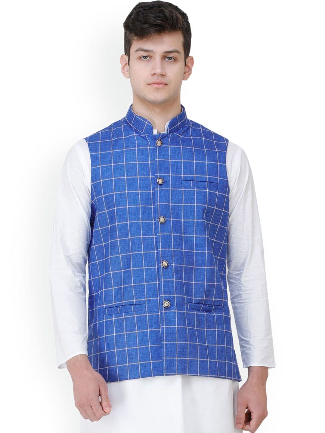 Exotic India Single Check Woven Jute Waistcoat with Front Pockets - view 1