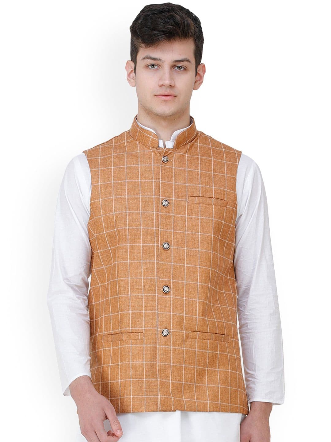 Exotic India Single Check Woven Jute Waistcoat with Front Pockets - view 1