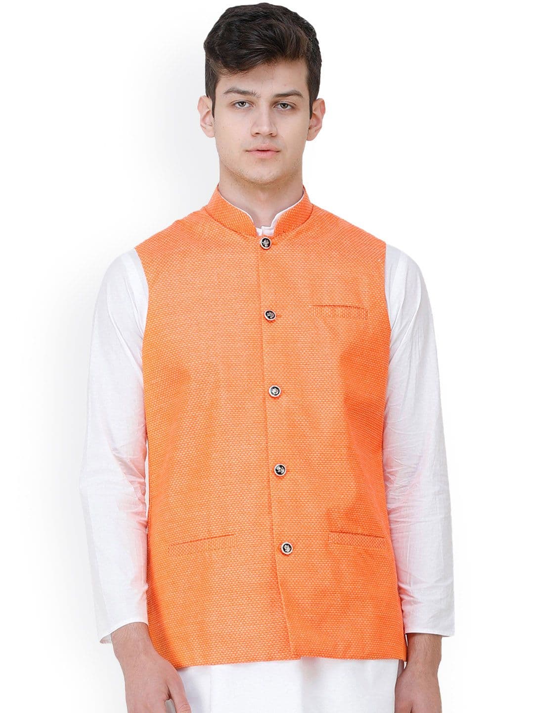 Exotic India Diamond Weave Polycotton Mandarin Orange Waistcoat with Front Pockets - view 1