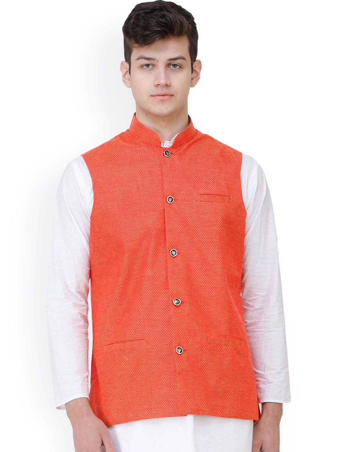 Exotic India High Risk Red Polycotton Waistcoat with Diamond Weave and Front Pockets - view 1