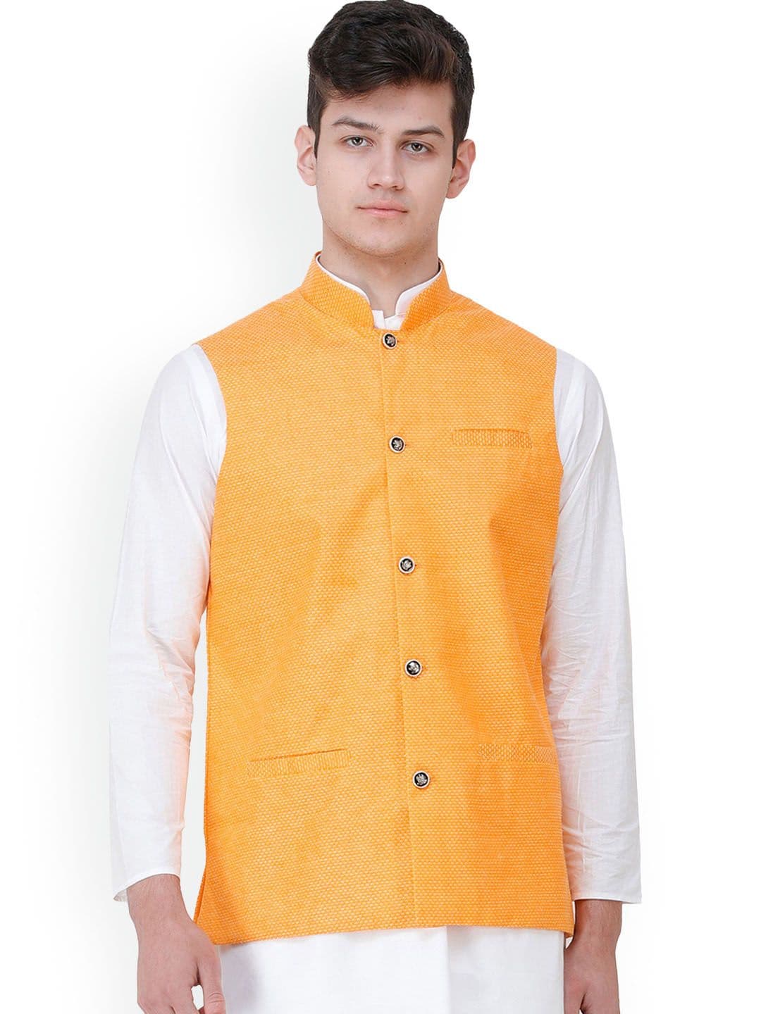 Exotic India Gold Fusion Polycotton Waistcoat with Diamond Weave and Front Pockets - view 1