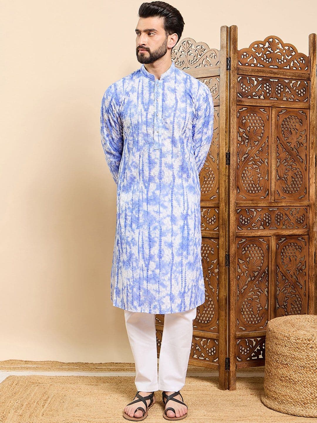 House of Pataudi Tie & Dye Printed & Embroidered Cotton Straight Kurta - view 1